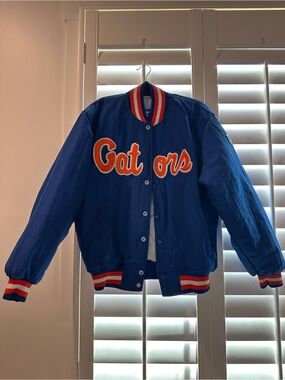 STARTER Blue Satin Bomber Jacket with orange & White Trim